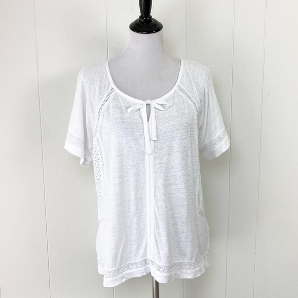 WRAP LONDON Women's 100% LINEN Casual Top White US Sz 12 Tie Neck Bohemian - Picture 1 of 13